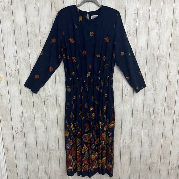 BF Classics Vintage 80s Fall Leaves Long Sleeve Teacher School Maxi Dress Plus - Picture 1 of 9